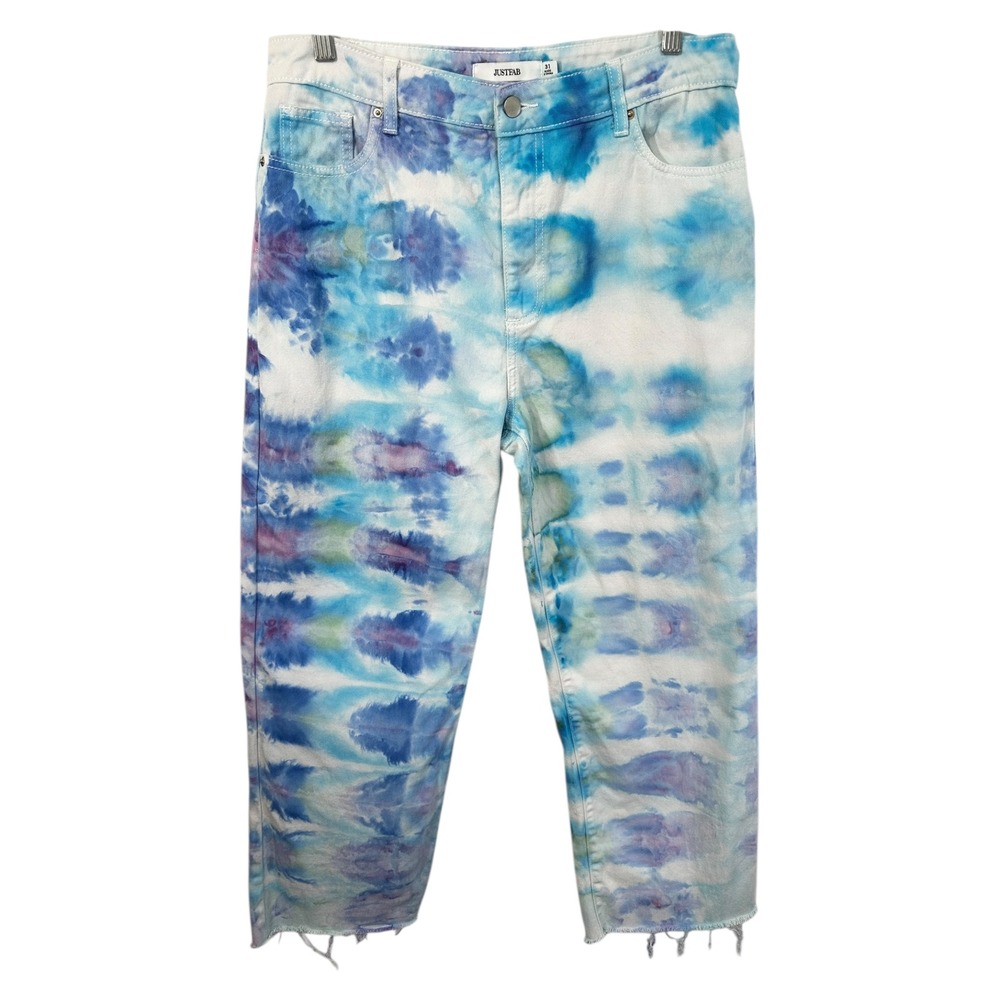 JUSTFAB Size 31 Crop Jeans‎ Handmade Tie Dye Blue Purple Ankle Raw High Rise 352